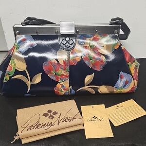 Patricia Nash Navy Floral Patent Leather Frame Satchel